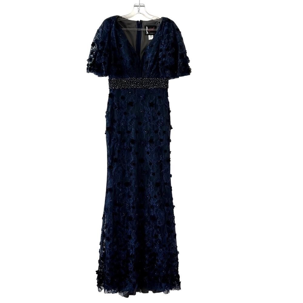Mac Duggal Embellished Blue Maxi Gown Dress sz 4 Floral Cape style sleeve 67712 - Picture 2 of 8